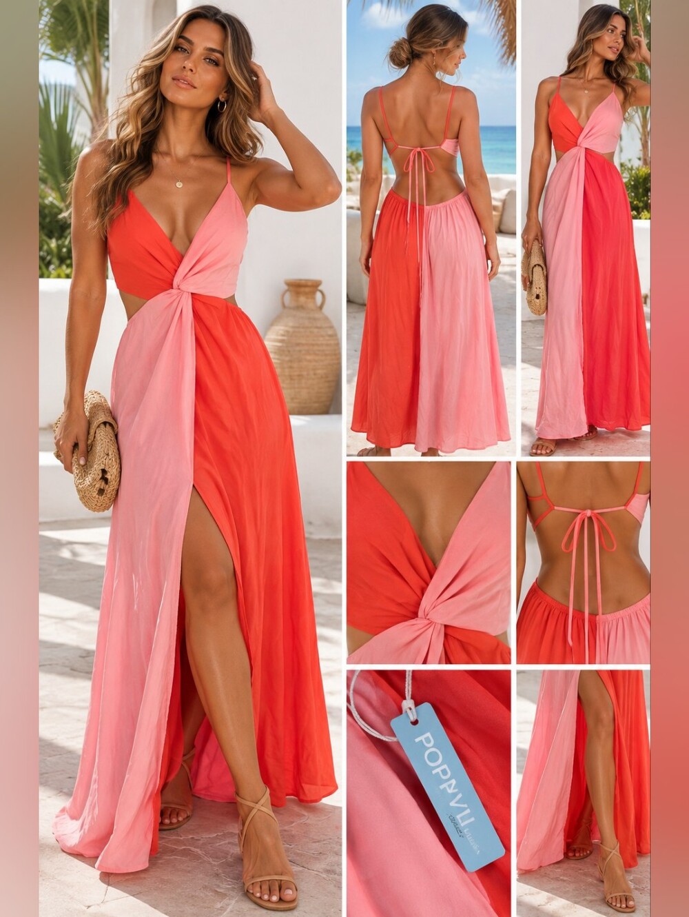 🔥 POPVIL Pink Red Colorblock Cutout Maxi Dress XL NWT